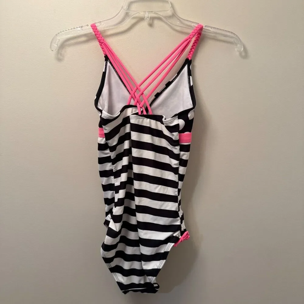 SO Kohl’s Girls Black White Striped Polka Dot One Piece Swimsuit Pink 16